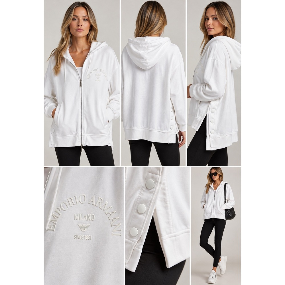 Emporio Armani Hoodie Sz M White Oversized Side Snap Zip Up Logo Luxury Designer